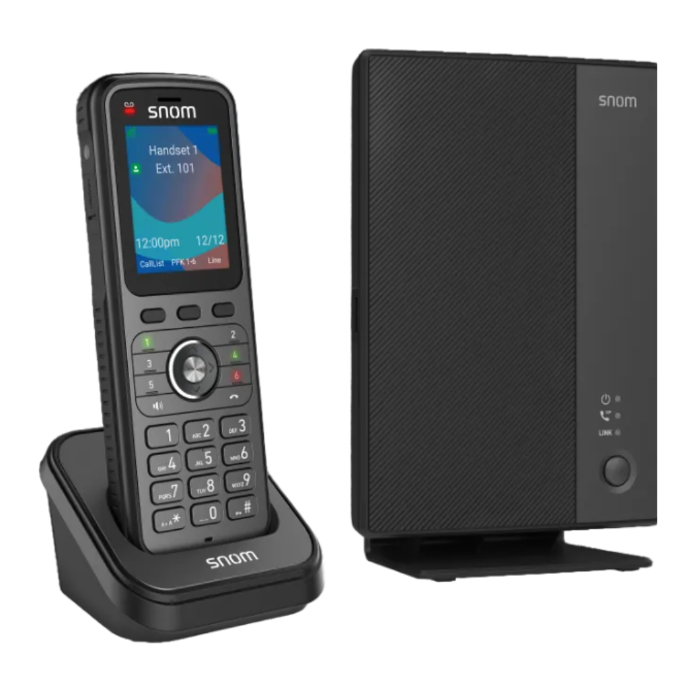 Snom phone system with display and base station on a white background