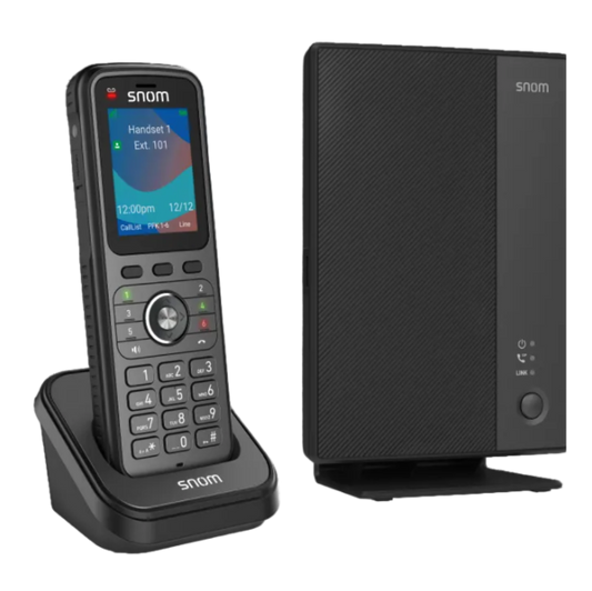 Snom phone system with display and base station on a white background